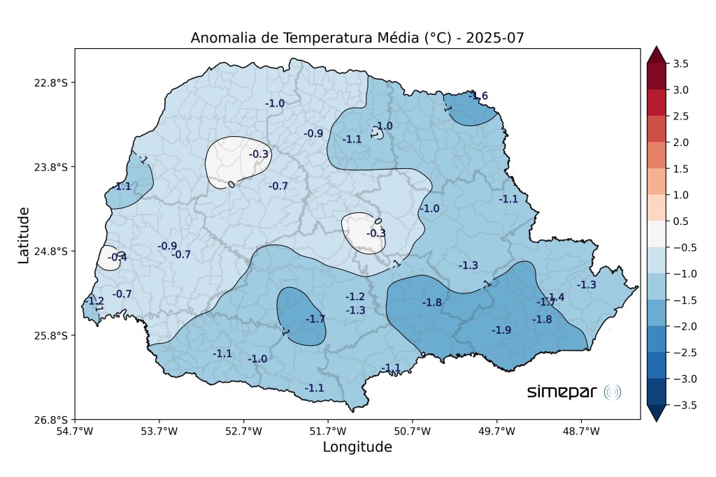 Julho teve temperaturas abaixo da média no Paraná, aponta&nbsp;Simepar